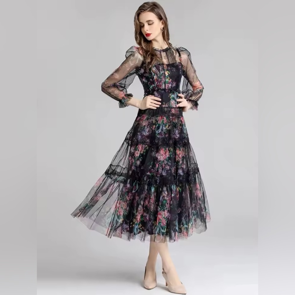 Beulah Black and Pink Floral Lace Blouse